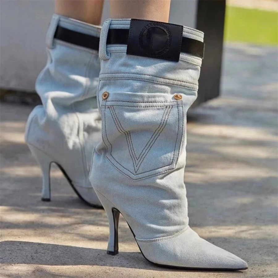 

Free Shipping Fashion Blue Denim Jeans Boots 2022 New Trend Mid Calf Elegant Stilettos Heels 40-43 Large Size Women's Boots