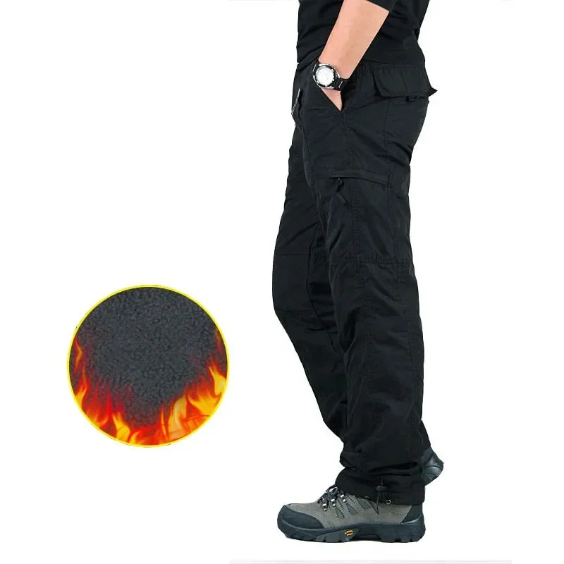 Men's Winter Thick Warm Military Cargo Pants Double Layer Fleece Overalls Casual Cotton Rip-Stop Tactical Baggy Thermal Trousers