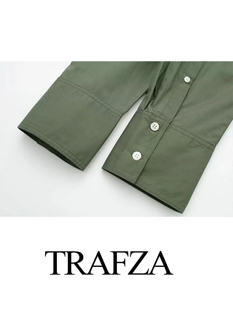 TRAFZA 2024 봄 신사복 포플린 오피스 셔츠 세련된 V 넥 싱글 브레스트 우아한 여성 스트라이프 캐주얼 셔츠 streetwear
