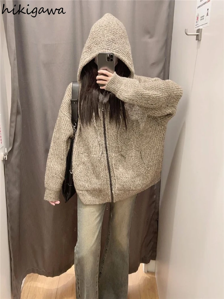 2025 Wimter Clothing Knitwear Cardigan Coats Sueter Mujer Hooded Zipper Pull Femme Knit Thicked Fashion Oversized Sweater Tops 5