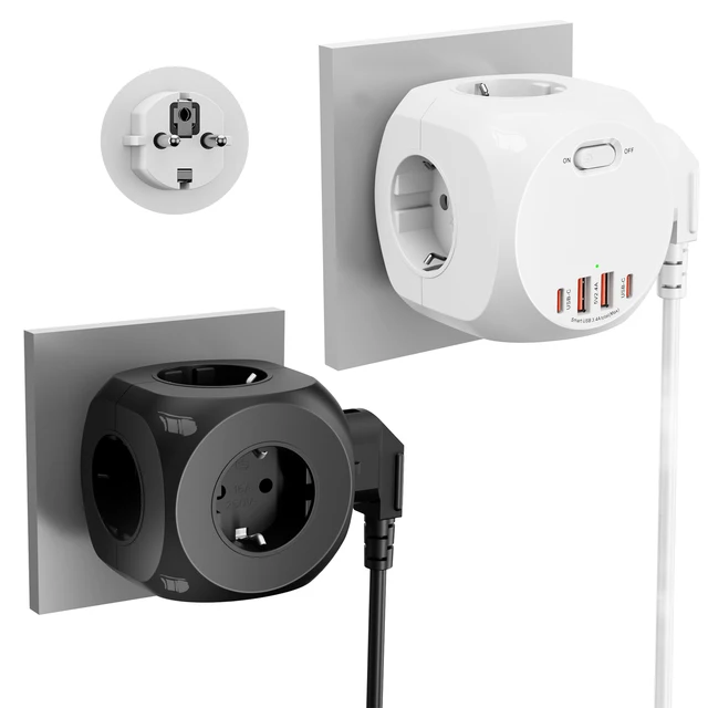 ปลั๊กไฟ 4000W แบบปลั๊กยุโรป มาตรฐานยุโรป 4 ช่อง 5 ช่อง ปลั๊กพ่วงหลายช่อง พร้อมพอร์ตชาร์จ USB-A 2 ช่อง และพอร์ตชาร์จ USB-C 2 ช่อง 1