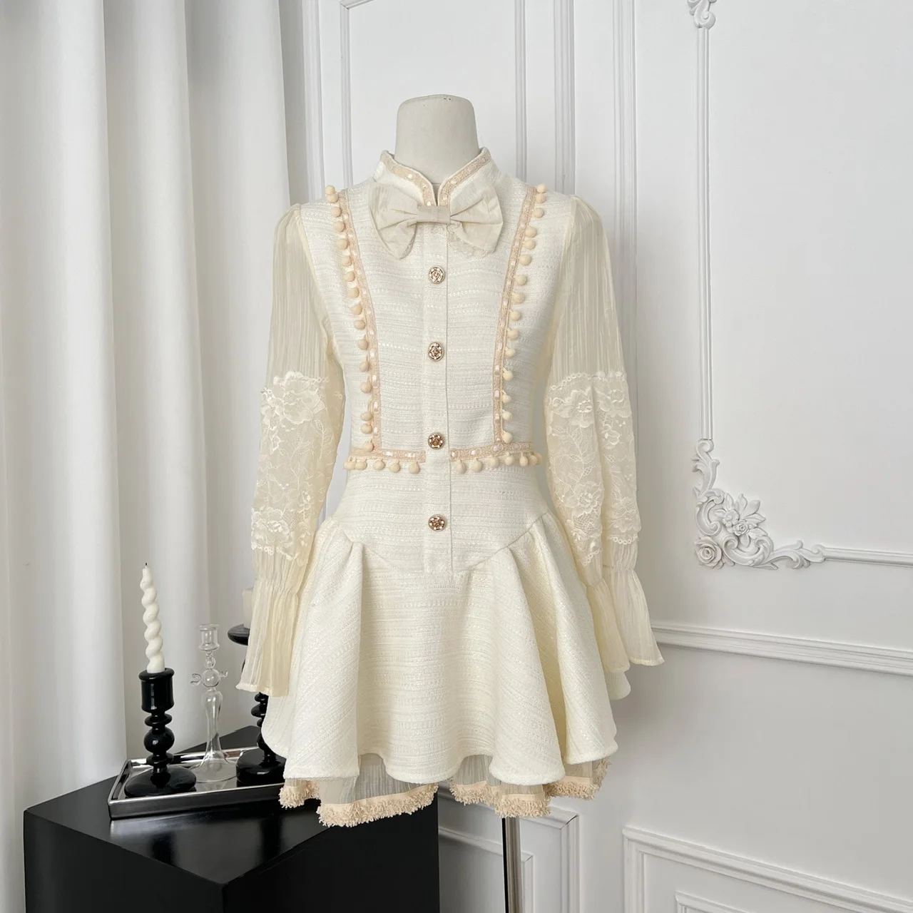 Fall Winter Victorian Vintage AestheticCoquette Kawaii Girl Off White Mini  Dress
