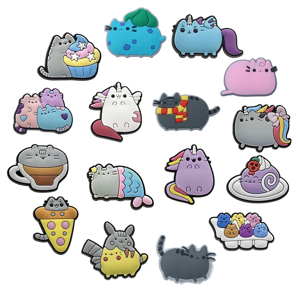 16 Stück/Set PVC-Schuh-Charms, Kawaii-Katze, Eis, Donut, Kuchen, Cartoon-Schuh-Accessoires, Dekoration für Clogs, Sandalen, Geschenke für Freunde