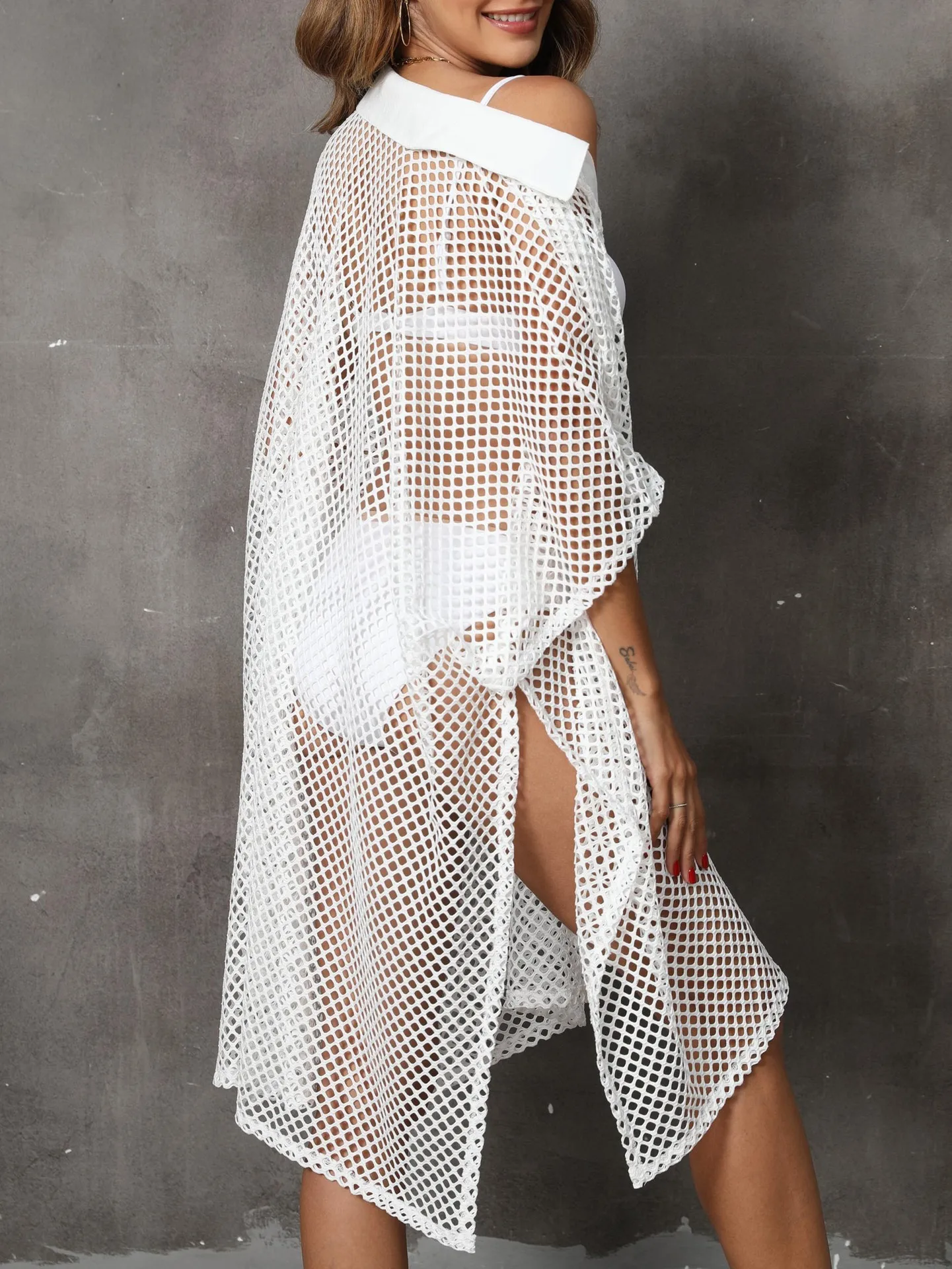 Beach coat vacation cover-up women's mesh stitching shirt collar non-see-through dress loose cover-up 2024 new style