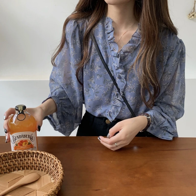 Women Blue Floral Chiffon Blouse with Puff Sleeve