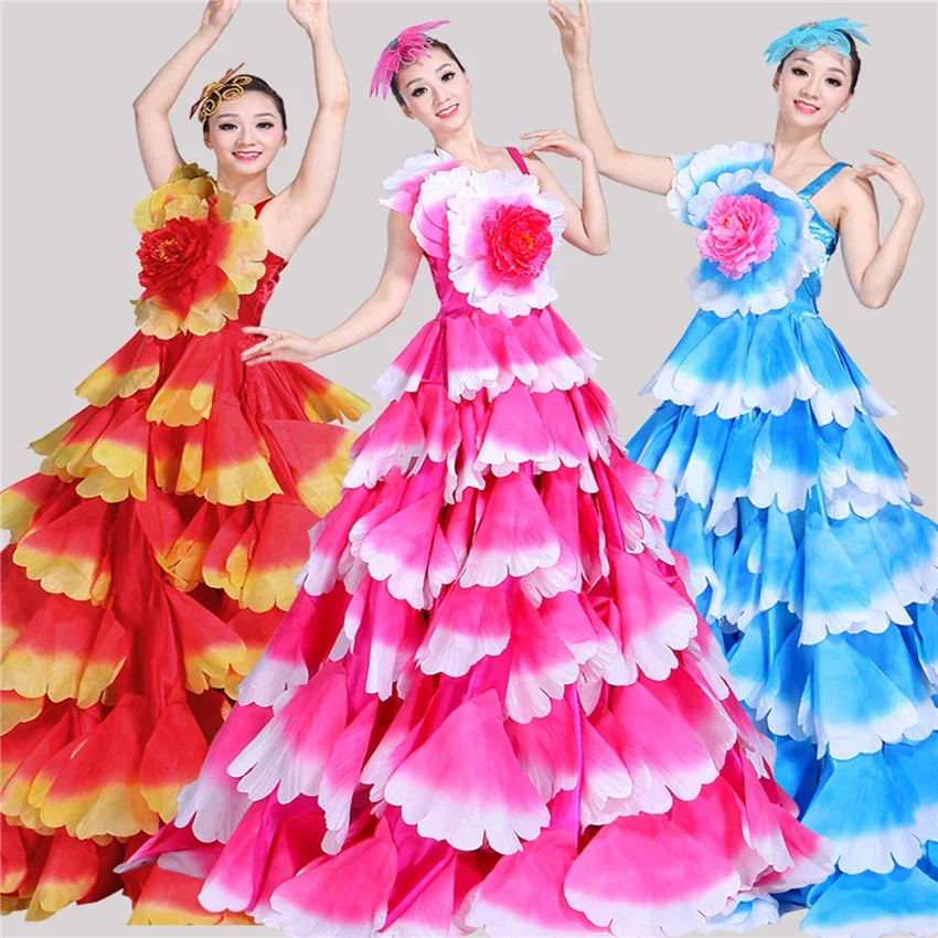 Dance Gypsy Skirt Woman Spain Belly Costumes Big Petal Spanish Chorus Stage Performance Wear 360-720Degrees Flamenco Dress Women flamenco dresses