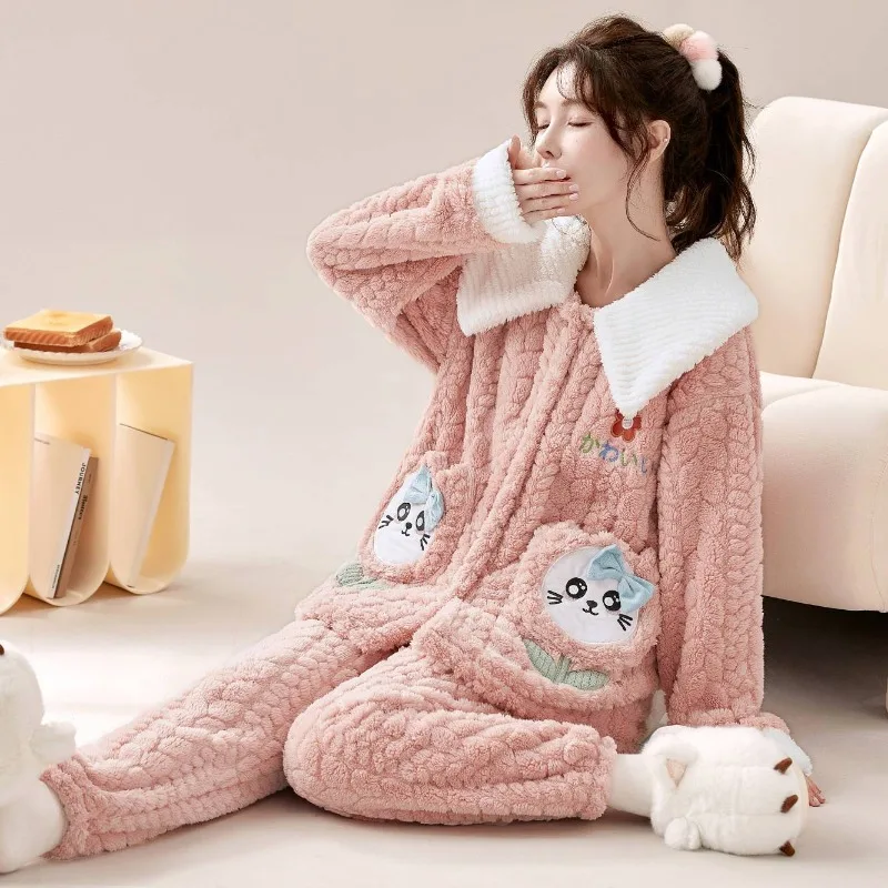 Women's Loungewear Pajama Set Loose Large Size Outside Wear Plush Thickened Flannel Sweet Cute Girls Coral Fleece Sleepwear Suit