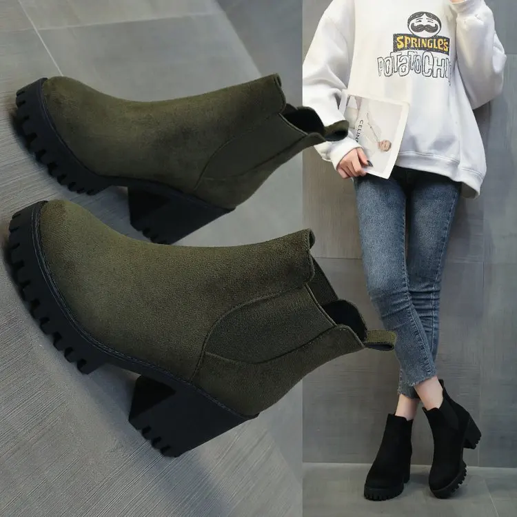Women Suede Ankle Boots Fashion Metal Decoration Slimming Short Booties Autumn Winter Female Thick Heel Shoes 2025