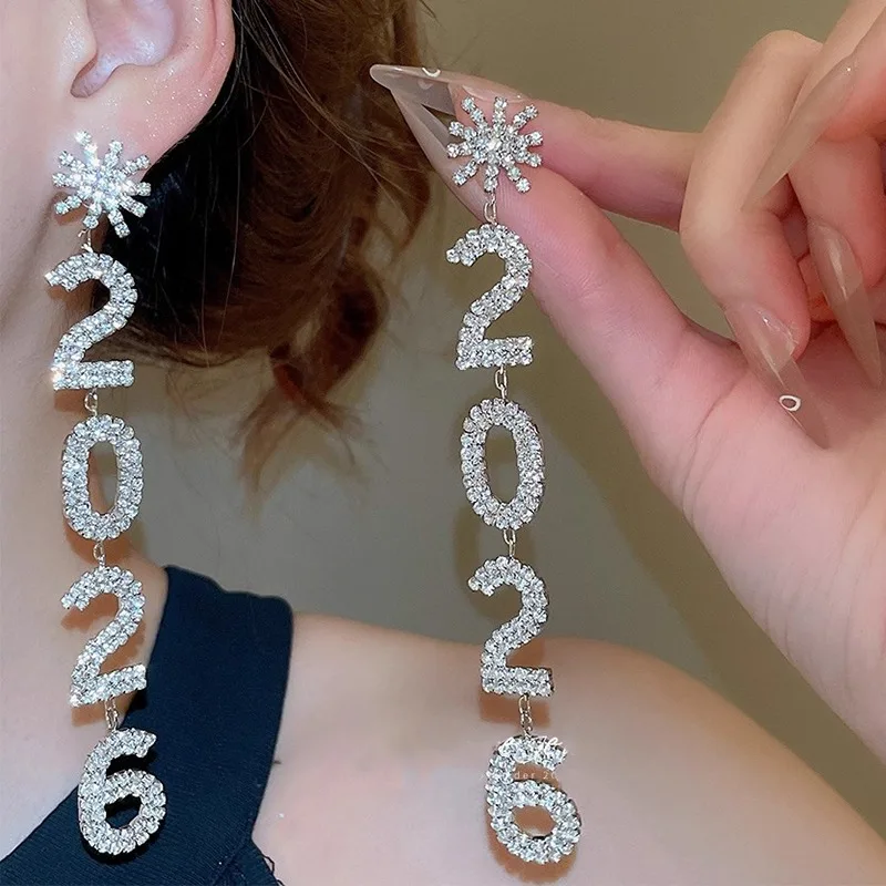 New Rhinestone Snowflake 2026 Pendant Long Drop Earrings for Women Crystal Geometric Tassel Number Dangle Earrings New Year Gift