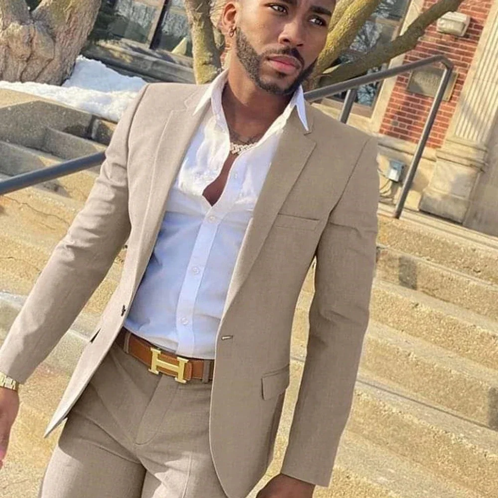 thumbnail image 1 of Traje de moda ajustado para hombre, traje de 2 piezas, esmoquin beige para novio de boda, chaqueta y pantalones para hombre, 1 of 4
