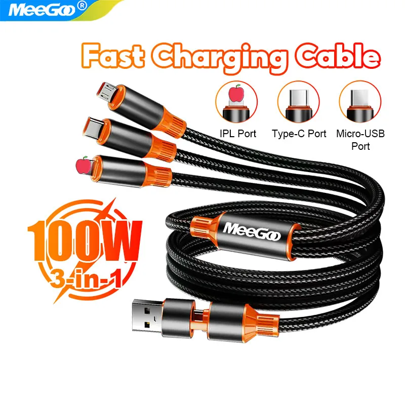 MeeGoo 5A 120W 3 in 2 고속 USB C 케이블 화웨이/아너용 리트랙터..