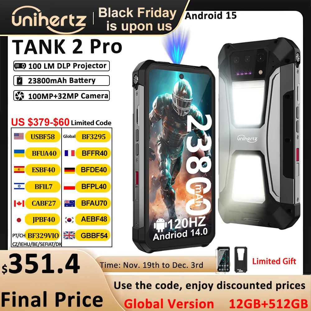 EU US stock Unihertz tank 2 Pro 8849 rugged phone with projector Android 14 100MP 16GB 256gb100mp NFC 120W charger 23800mAh
