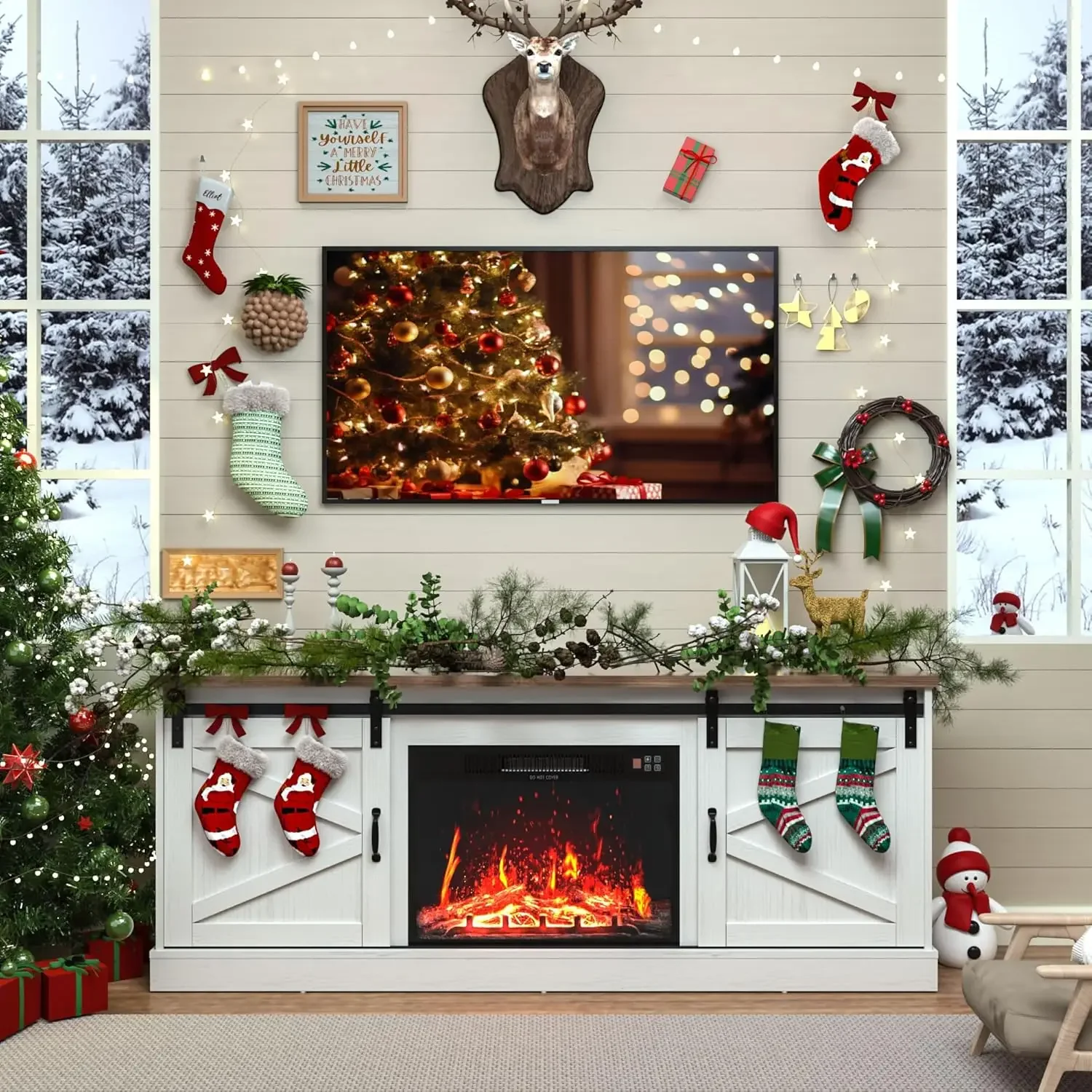 Description Picture 3 of itemKurapika Fireplace TV Stand for up to 75" TV, Farmhouse Entertainment Center with 24" Fireplace, 67" Media Console Cabinets for