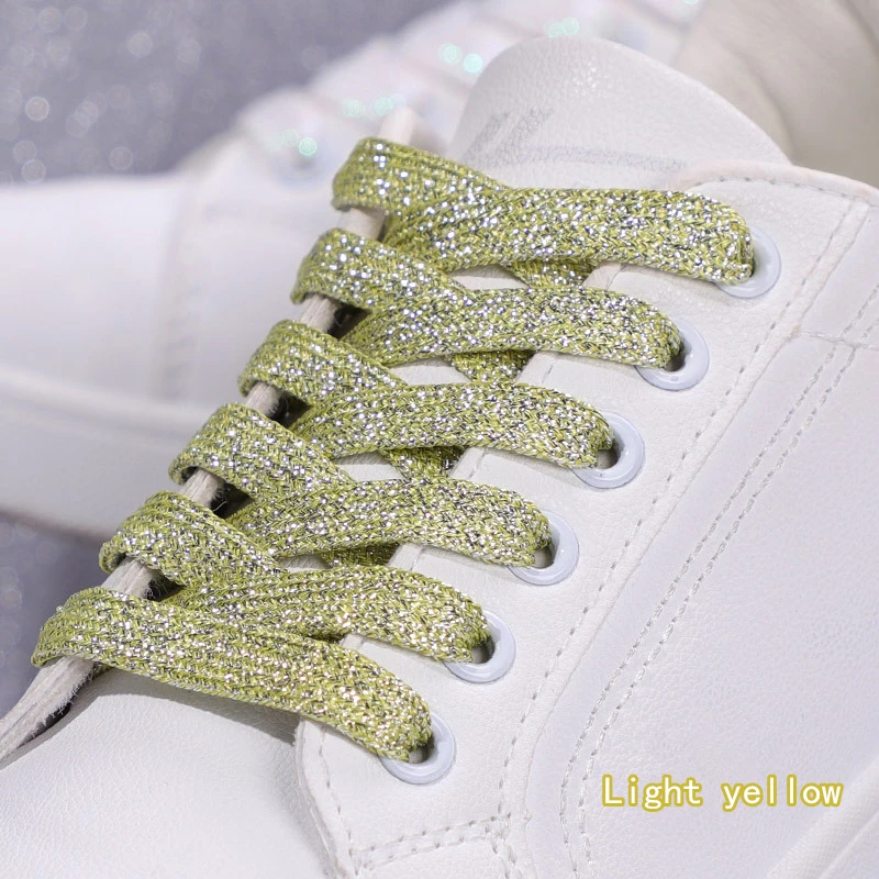 Vibrant Metallic Glitter Flat Shoelaces - Silver, White, and Gold for Sports and Running Shoes