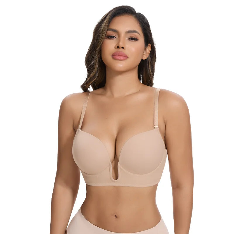 Women's Deep U Bra Transparent Strap X-Line Bralette Invisible Invisible Underwear High Stretch Push Up Gathered Lingerie