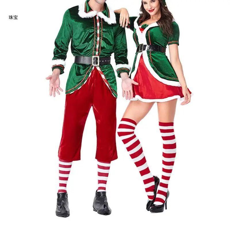 

X5QE Women Men Sexy Christmas Green Elf Santa Cosplay Costume Adults Couples