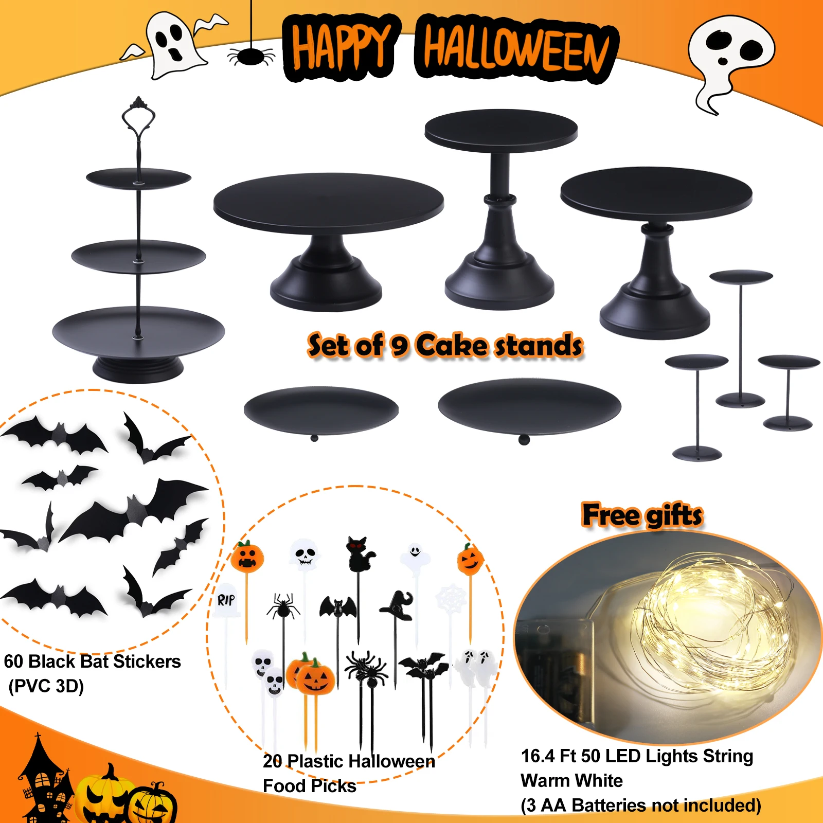 9Pcs Black Cake Stand Set with Halloween Decorations- LED String Lights, Dessert Table Display Set, Cupcake Stands for Party