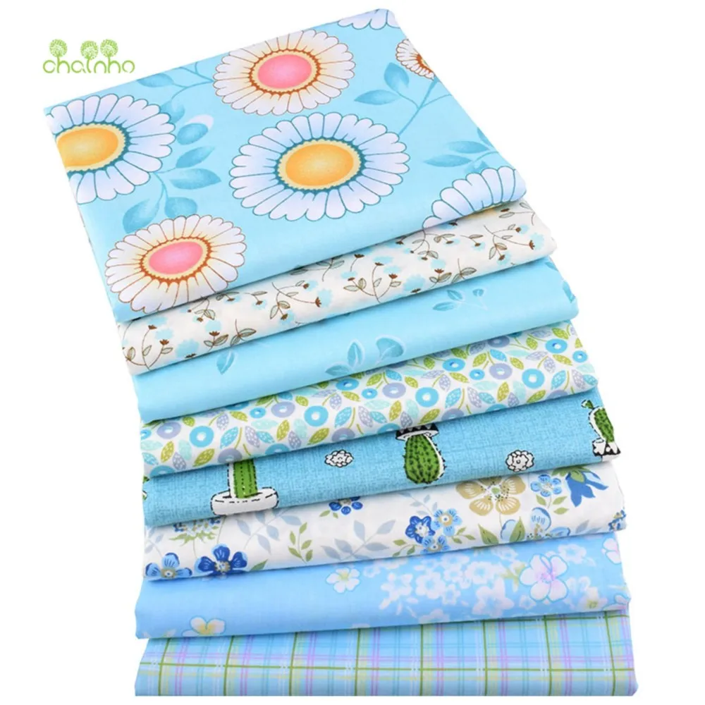 Chainho,Printed Twill Weave Cotton Fabric,DIY Quilting Sewing Material,Patchwork Cloth,Blue FLoral Series,8 Designs,2 Size,CC289