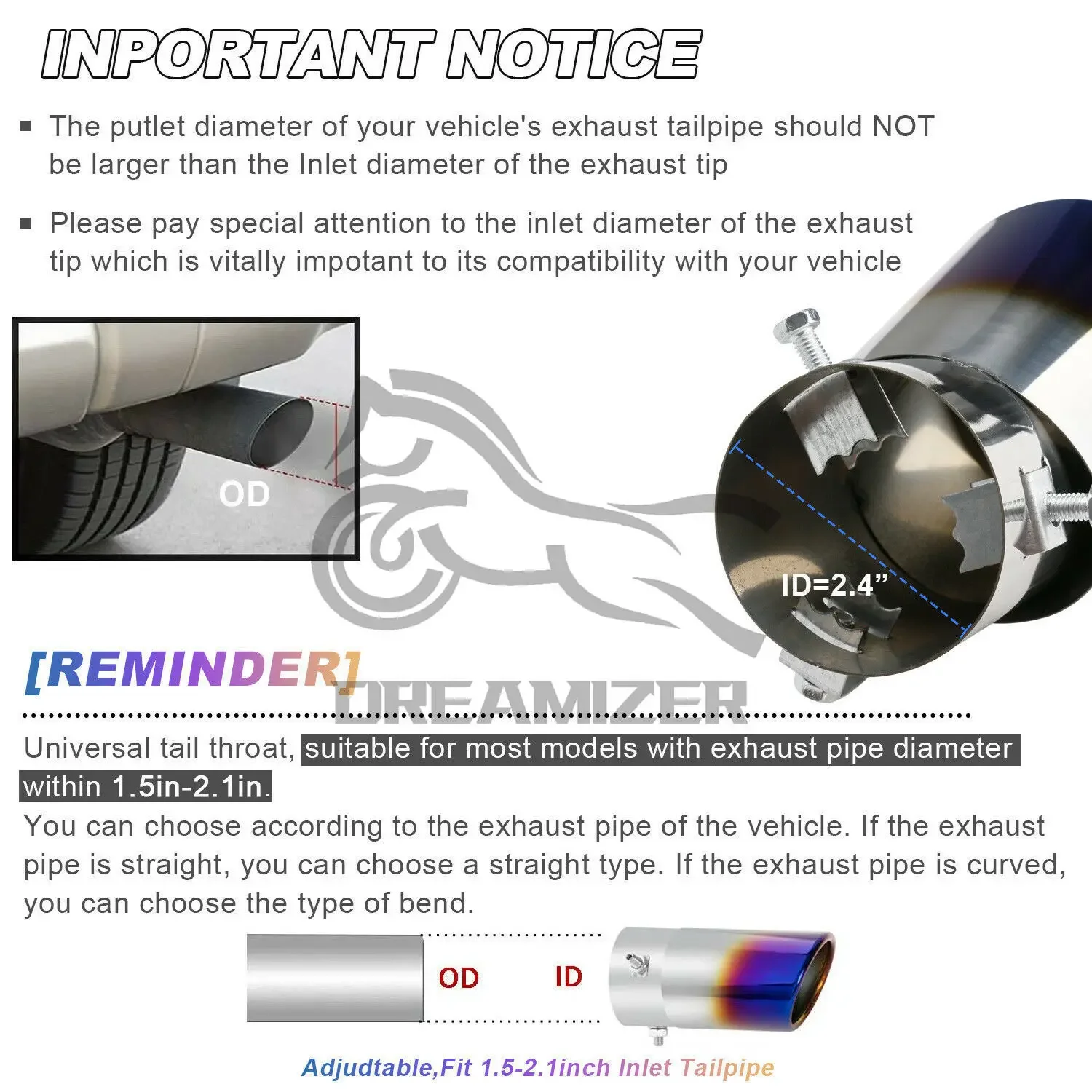 1PCS 63MM Straight/Bend Universal Car Exhaust Nozzle Muffler Tip Pipe Round TailPipe Stainless Steel Car Tuning