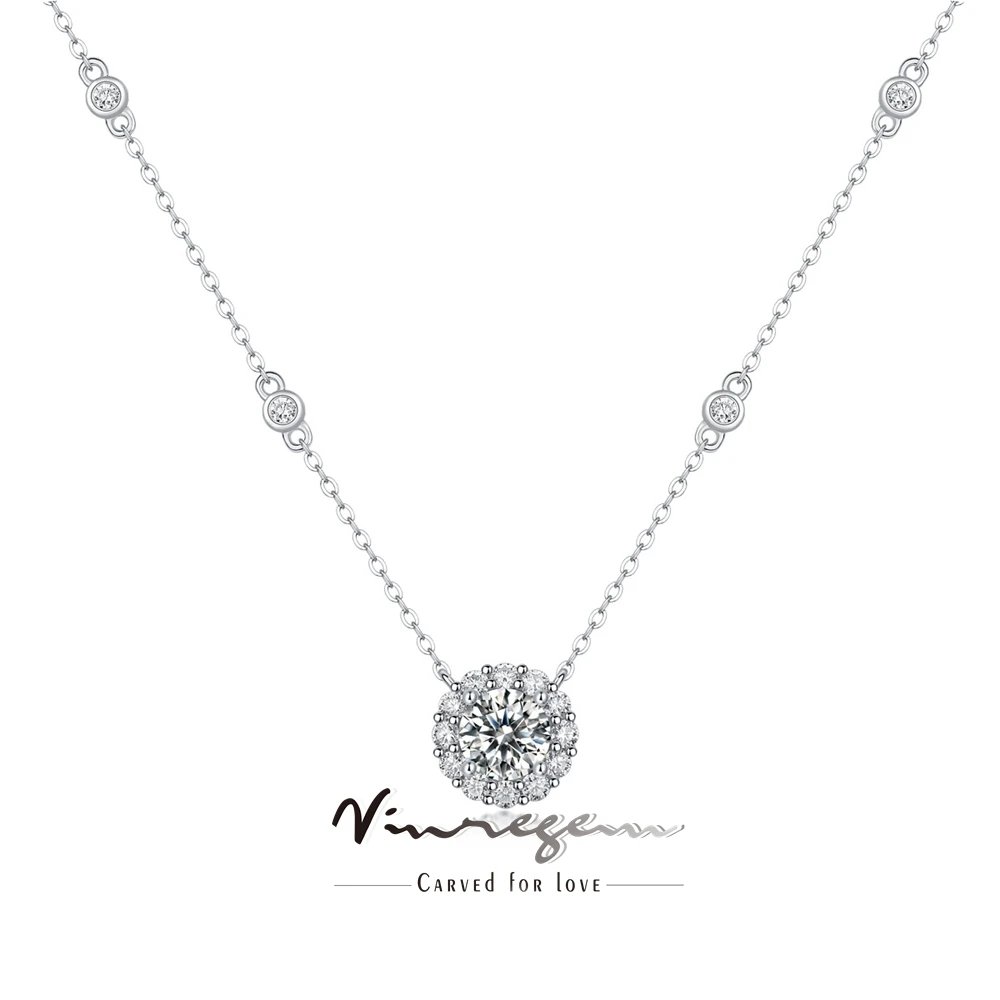 

Vinregem 3EX VVS1 D Color Round Cut 1CT Real Moissanite Diamond Sparkling Women Necklace Pendant 925 Sterling Silver Jewelry