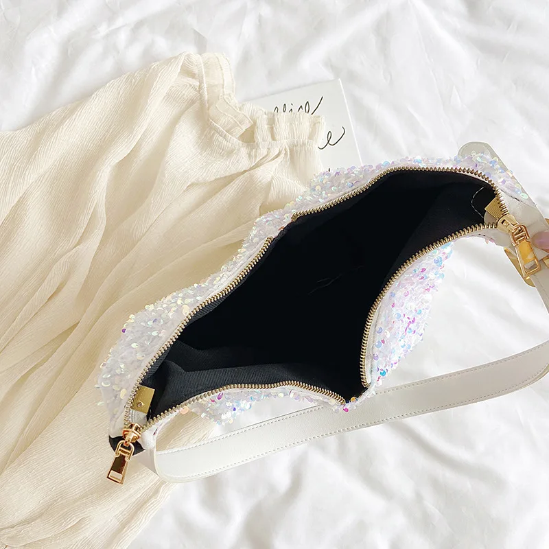 Sequin Large Tote Fashion Womens Shoulder Designer Style Bag Soft Shiny Bright Color Cool Black Silver White Zipper Pocket Trend