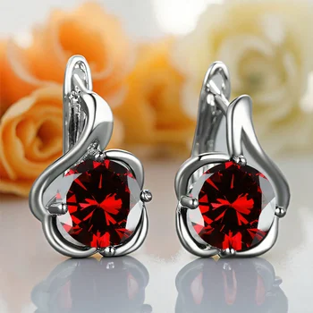 Red Green Zircon Round Stone Female Crystal Hoop Earrings Boho Silver Color Wedding Jewelry For Women