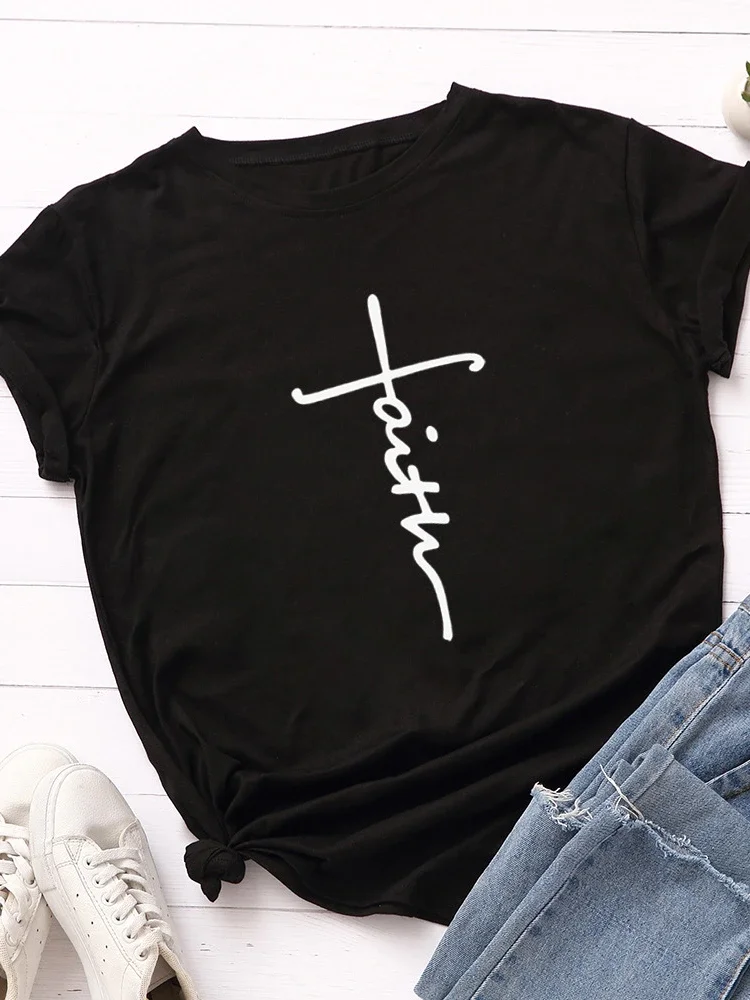 믿음 편지 인쇄 여성 T 셔츠 반소매 O 넥 느슨한 여성 Tshirt 숙녀 티 셔츠 탑스 의류 Camisetas Mujer