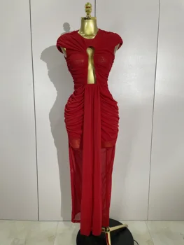 Women Sexy Sleeveless O-Neck Hollow Out Mesh Bodycon Long Dress Fashion Show Celebrate Celebrity Evening Birthday Party Dress 1