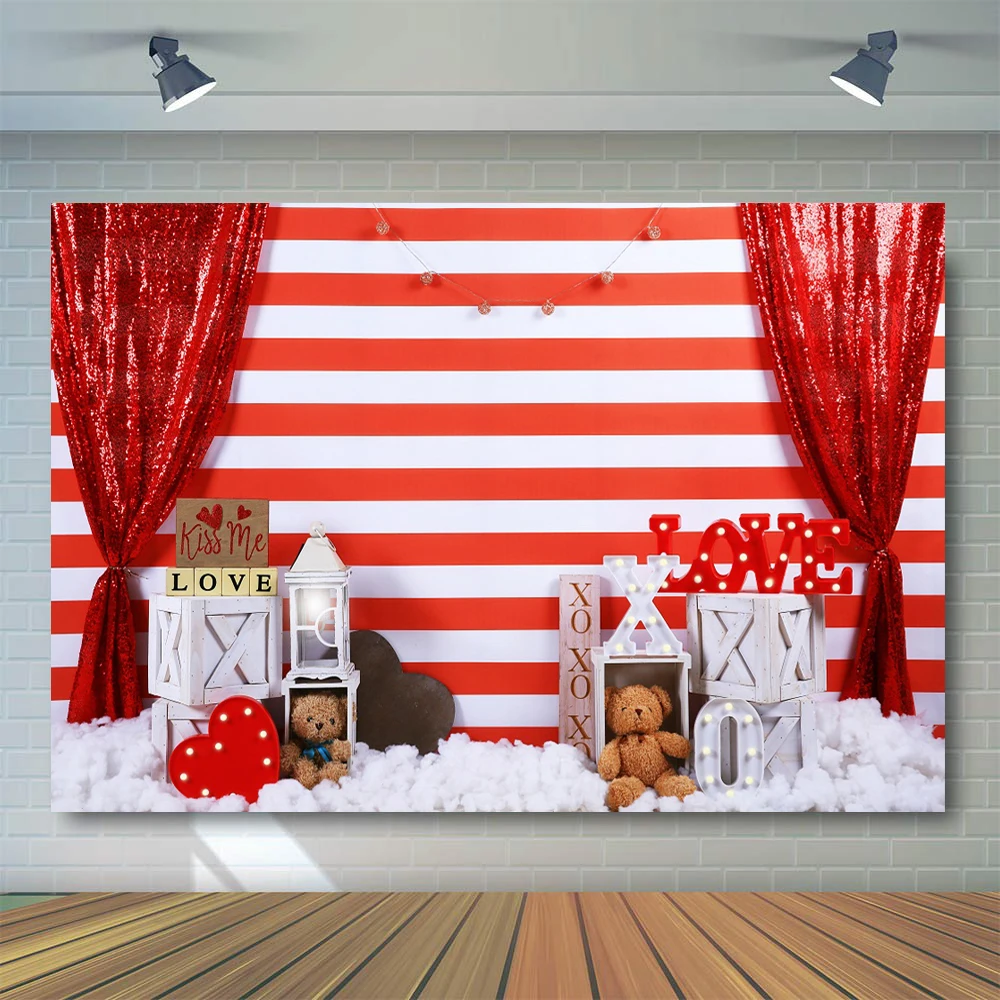 Valentines Day Backdrops Red White Strips Love Heart Bear Photography Background Party Decor Photo Studio Props W-63