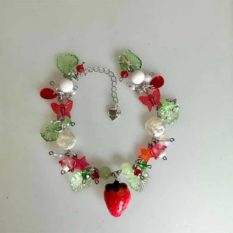 Strawberries pearl charm bracelet y2k Gift Handmade
