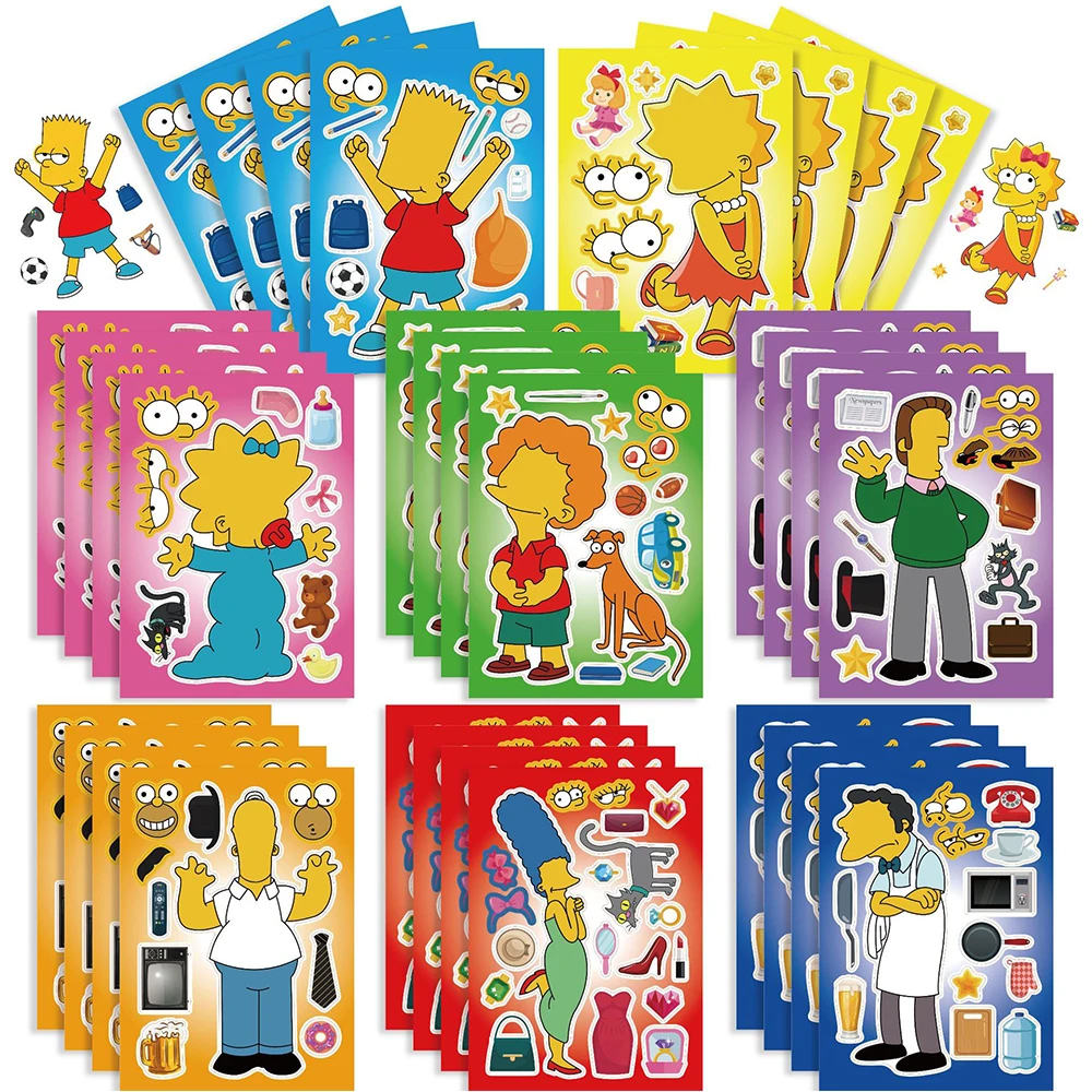 8/16sheets Make a Face Disney The Simpsons Stickers Marge Bart Puzzle Sticker for Skateboard Luggage Phone Bike Kids Toys Decal