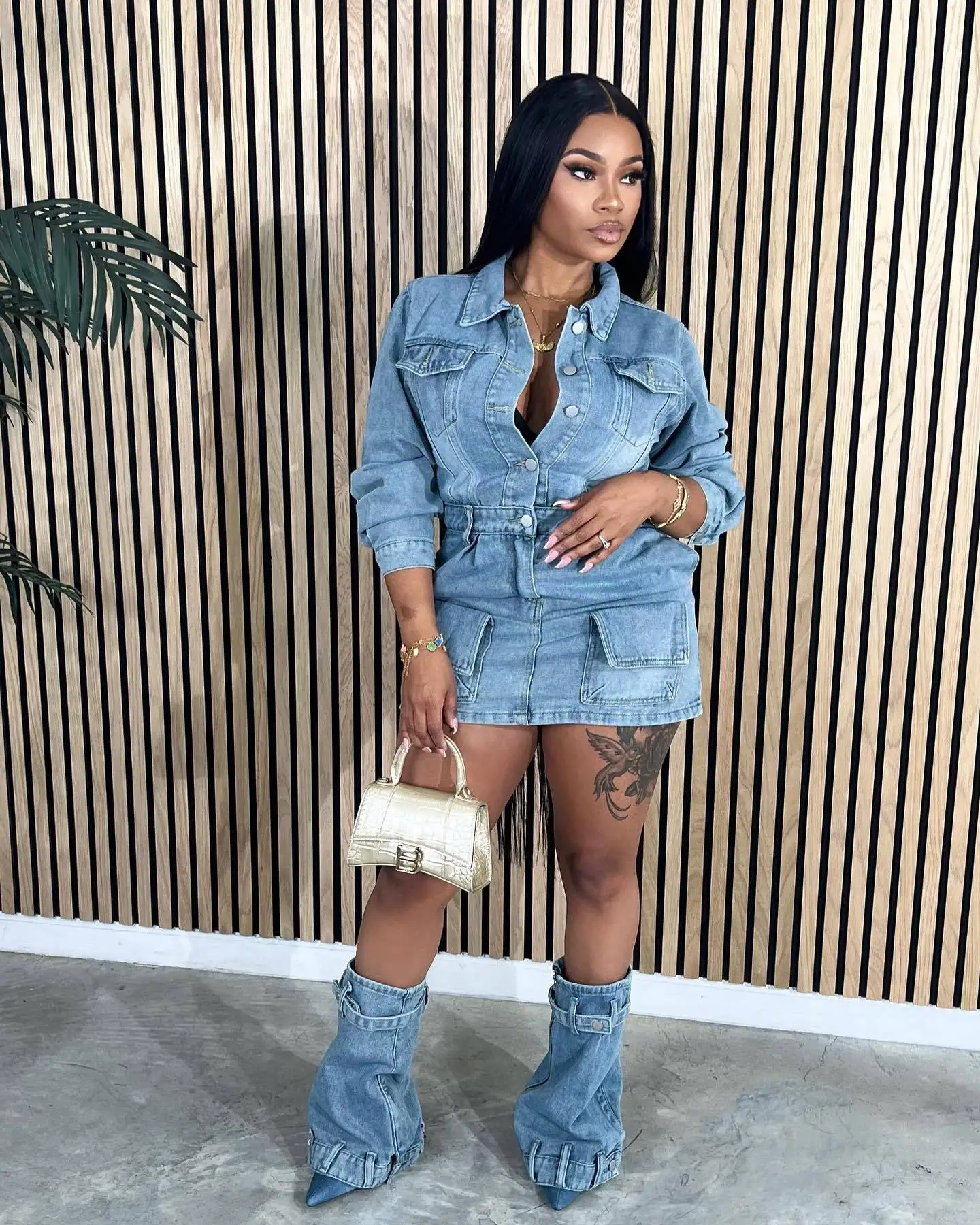 Fashion Women's Denim Set Autumn Long-Sleeved Lapel Dress