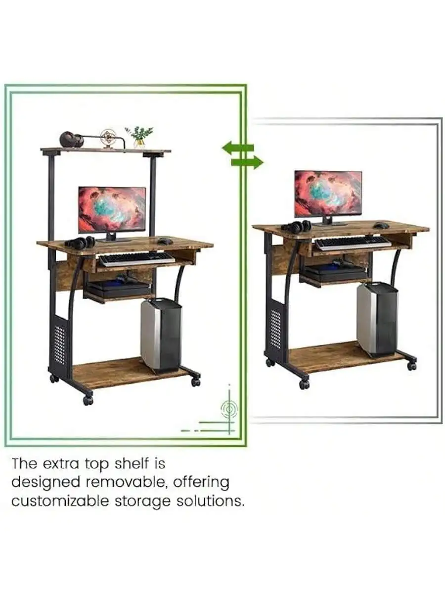 Yaheetech 3 Tiers Rolling Computer Desk with Keyboard Tray and Printer Shelf for Home Office Mobile Computer Desk for Sm 6