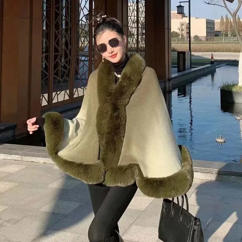 

New Novelty Gradient Dyeing Faux Rex Rabbit Fur Cape Shawl Big Knit Acrylic Cashmere Cardigan Poncho Women Winter Wraps Coat