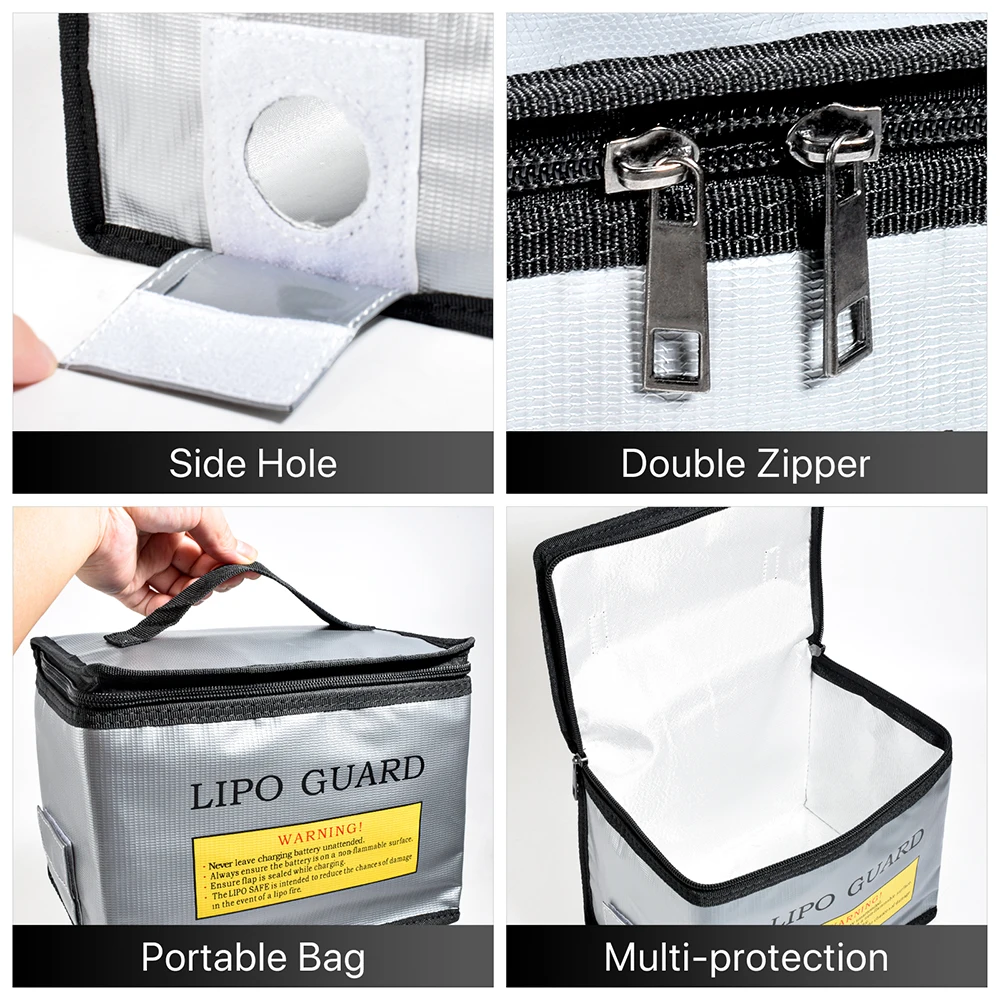 Sac antidéflagrant pour batterie Lipo avec deux batteries insérées, câbles visibles et fermeture sécurisée.