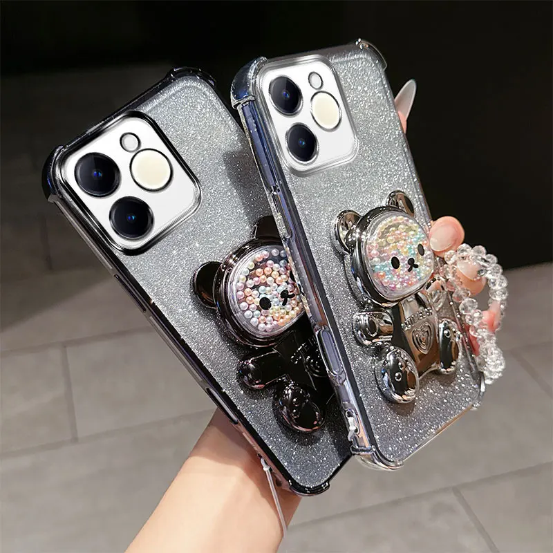 Shockproof Phone Case with Cute Bear Stand and Crystal Chain Lanyard - Glitter Design