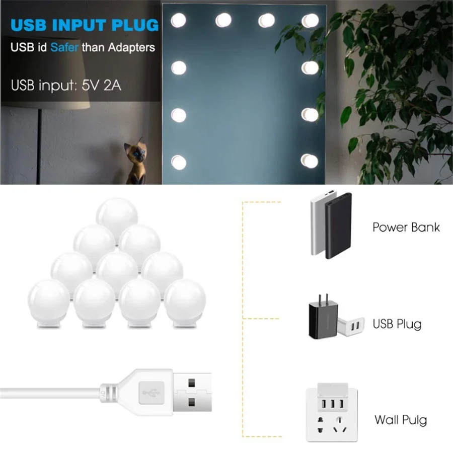USB 12V LED Makeup Mirror Light 3 Colors Vanity Lights for Bathroom Dressing Table Dimmable Wall Lamps 8/10/12 Bulbs Fill Light