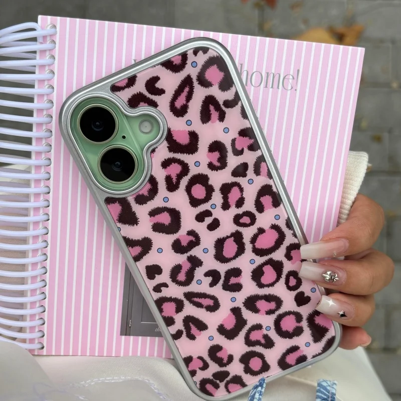 Custom Retro Pink Leopard Print Polka Dot Phone Case with Resin Finish