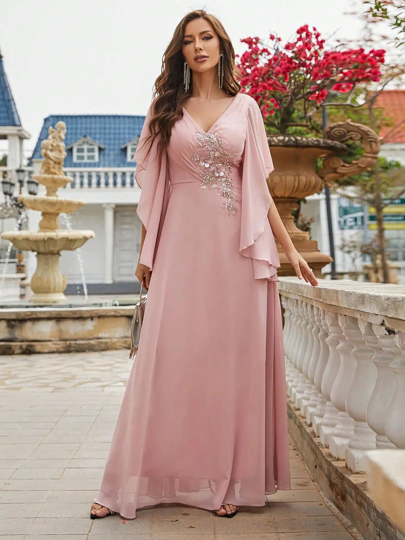 Unithorse Pearls Detail Butterfly Sleeve Chiffon Bridesmaid Dress 6