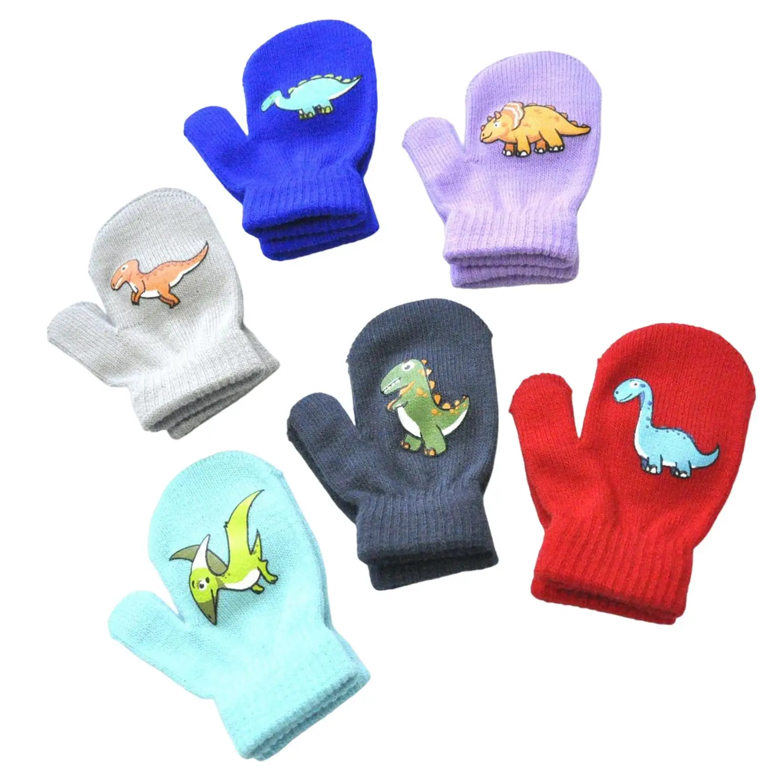 6x Children Winter Gloves Dinosaurs Pattern Full Fingers for Boys Girls Soft