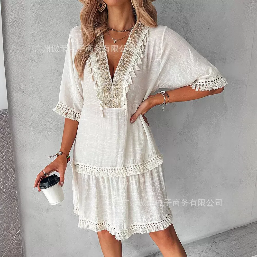 

Tribal Embroidery Tassel Casual Dress V-neck Loose Ruffles Night Dresses High Waist Dance Boho Prom Y2k Spring Summer Vestidos