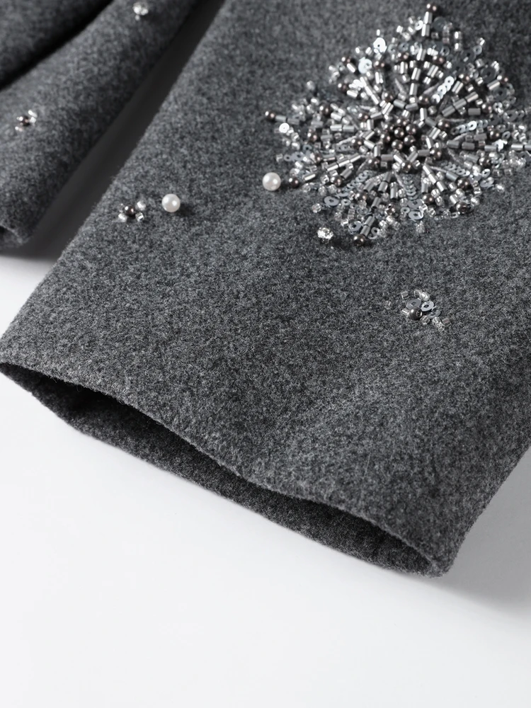 Beading Luxurious Chic Coat Women Loose Single Breasted Stand Collar Pocket Woolen Outwear 2024 Winter Snowflake Sequins Jackets 6