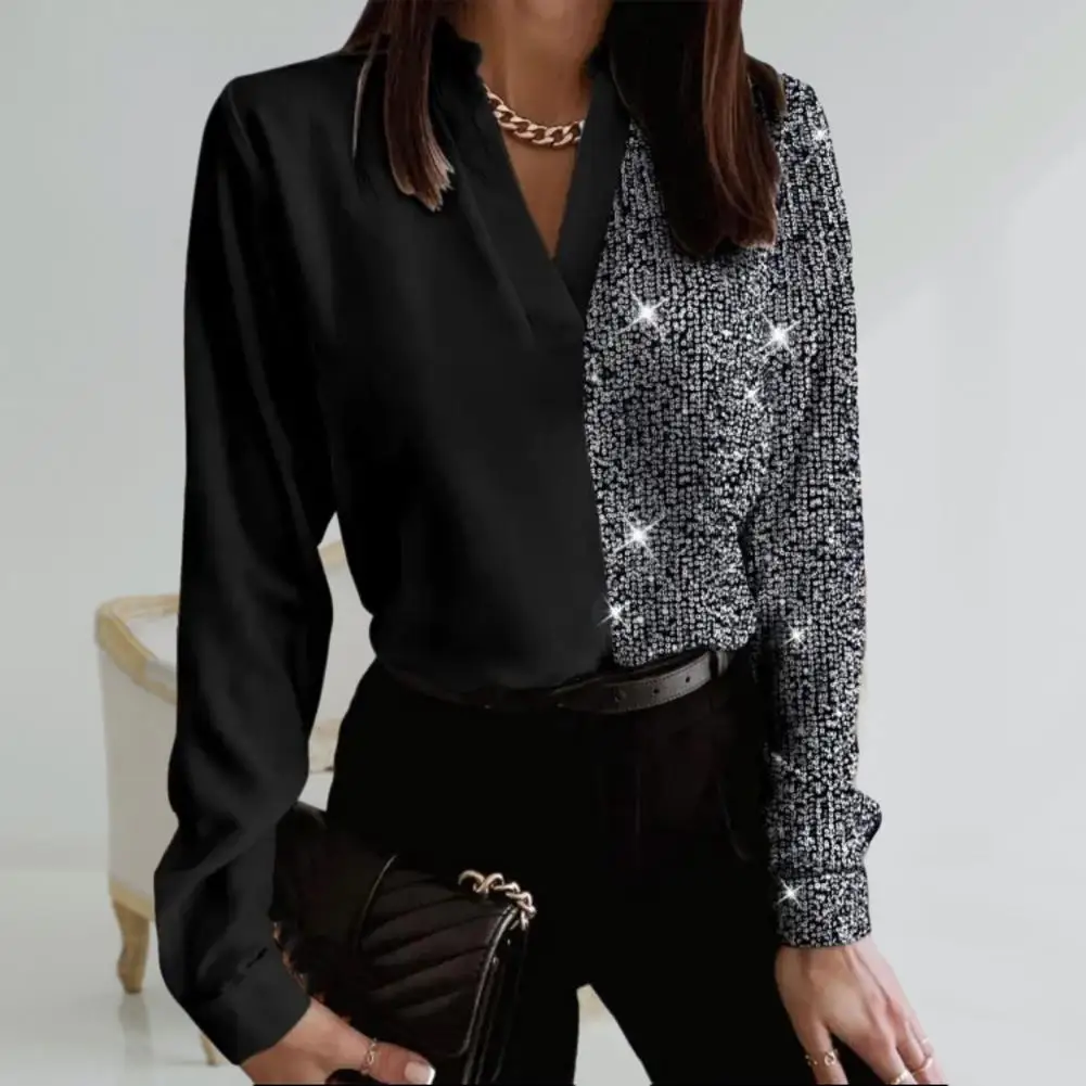 Breathable Women Shirt Elegant Sequin Blouse for Women V-neck Office Lady Top with Color Block Rhinestones Long for Spring blouses lace leopard splicing color block button blouse in multicolor size 2xl 3xl s xl