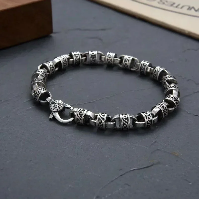 

UMQ S925 Sterling Silver 7mm Chinese Style Retro Tang Grass Pattern Eternal Vine Bracelet Men's Personalized Luxury Jewelry Gift