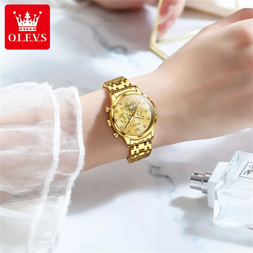 OLEVS Flywheel Skeleton Women Quartz Watch Stainless steel Chronograph Waterproof Luminous Ladies Bracelet Watch for Women Set 4