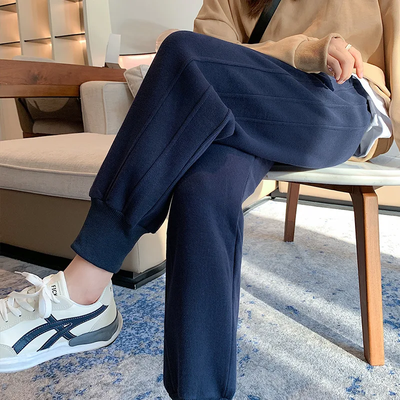 Autumn and Winter Women's Elastic High Waist Drawstring Solid Pocket Screw Thread Shrink Sport Harlan Trousers Casual Pants