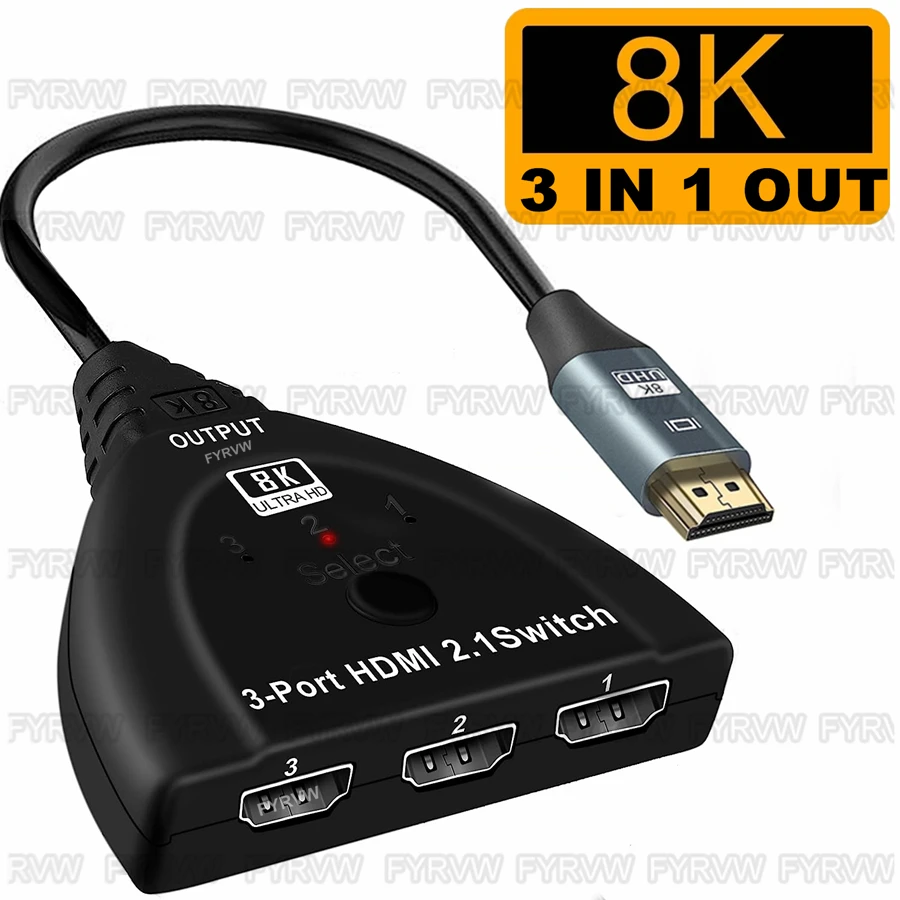 Switch Splitter 8K Hdmi2.1 3 In 1 Out 3 Porte Selettore Switcher Hdmi 8K @ 60Hz 4K @ 120Hz Per Proiettore Monitor Ps4/5 Roku Tv Box