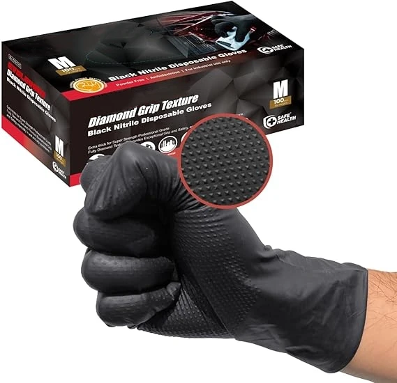 Gants jetables Diamond Black déployés, montrant la texture et la taille M.