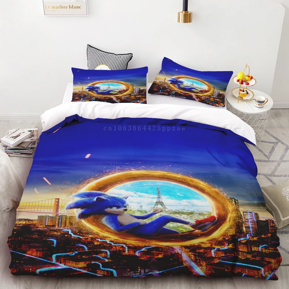 thumbnail image 1 of Funda nórdica 3D exquisita caricatura Sonic papel tapiz Anime impresión digital juego de cama edredón cama suave niños jóvenes regalo, 1 of 5