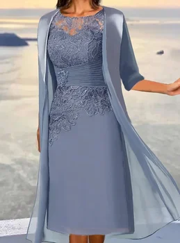 Abiti per la madre della sposa per matrimoni Midi blu polveroso al ginocchio con applicazioni in pizzo floreale a strati increspati فستان
